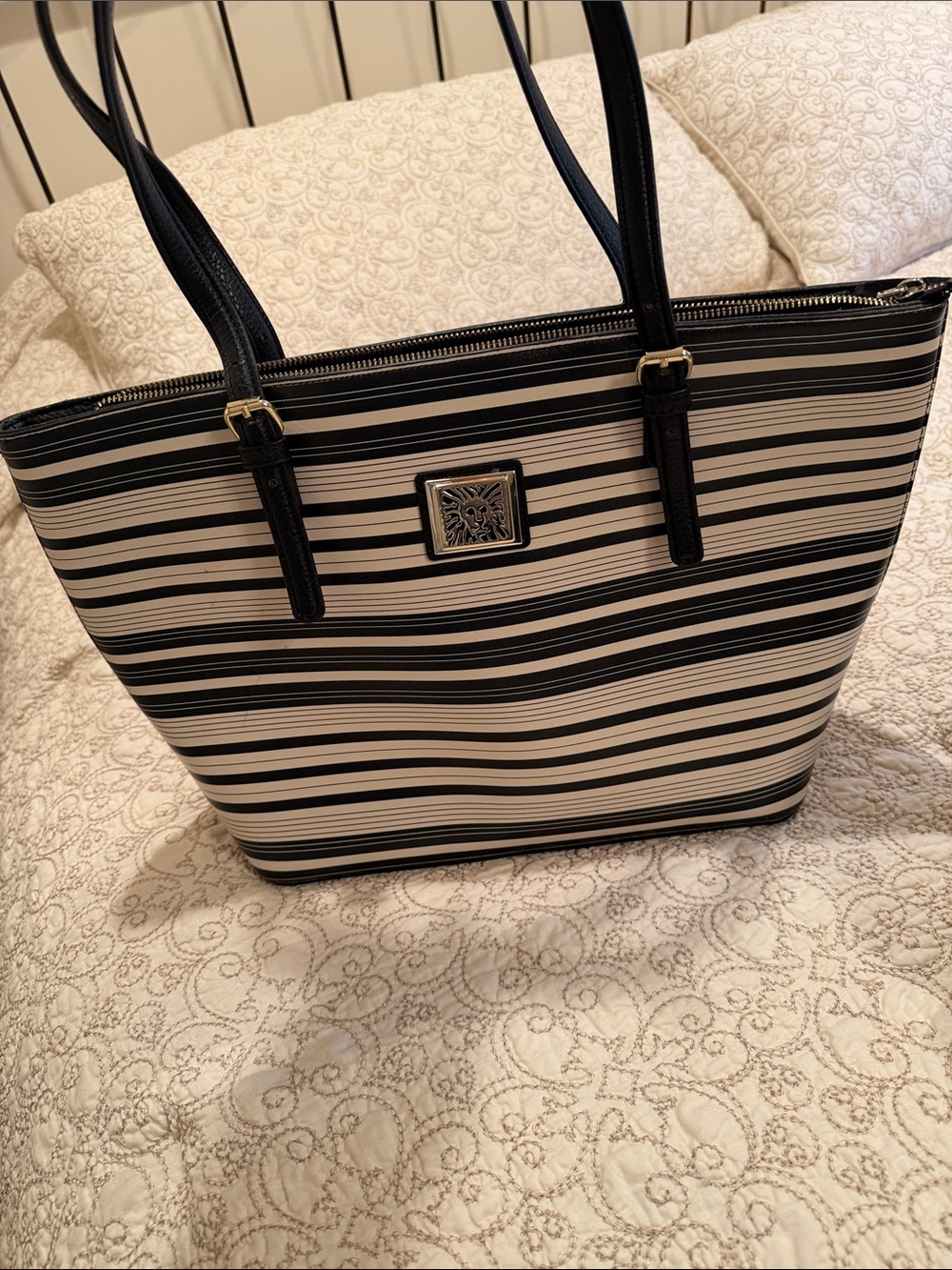Anne Klein Black and White Striped Tote